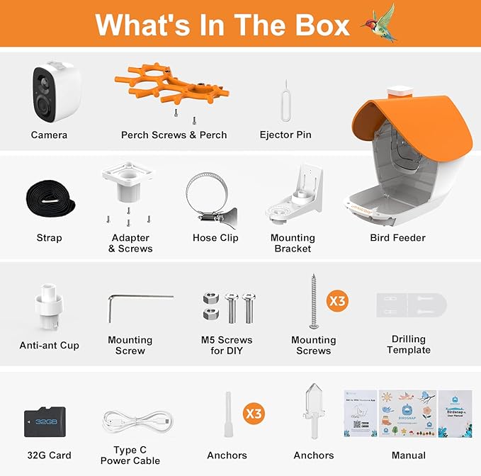 birdsnap® MON - Bird Feeder with Camera, 2K Detachable Video Bird Feeder Live with 32GB Card Fruit Fork, AI Identify Feather Species, Auto Record in Backyard, Ideal Gift for Birds Lover