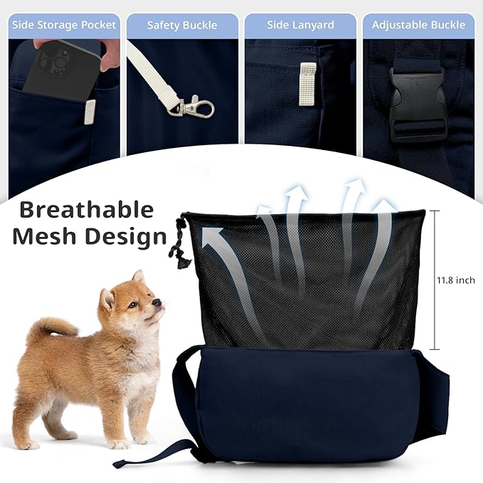 Dog Sling Carrier for Small Dogs and Cats, Lightweight Collapsible Pet Travel Bag with Adjustable Strap, Side Pockets & Breathable Mesh (Navy Blue, 15.7" L x 5.9" W x 8.6" H)