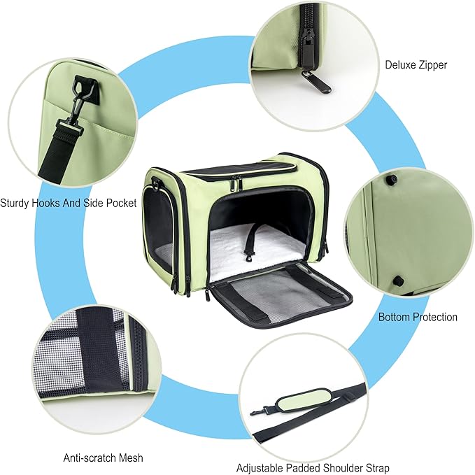 Soft Sided Carrier for Small Medium Cats Dogs,Removable Pad Collapsible Travel Pet Carrier Large Green