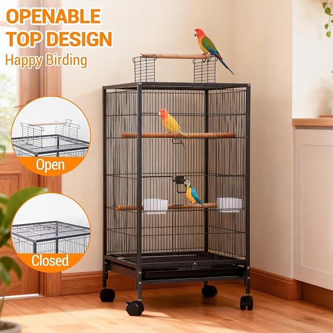 GarveeHome Small Bird Cage with Wheels, 40 Inch Parakeet Cage with Top Stand, Portable Bird Carrier for Parakeets, Canaries, Lovebirds, Small Quaker, Cockatiels, Budgie, Green Cheek