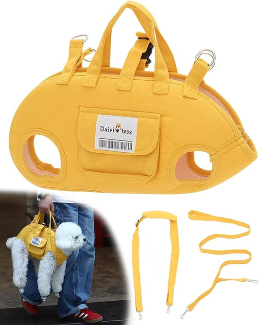 Dog Carry Sling for Small Dogs, Full Body Sling with Handle, Hands Free Shoulder Carrier for Senior Dogs Joint Injuries, Joint Injuries, Up and Down Stairs (Yellow,S, 5.5~8.8 lbs)