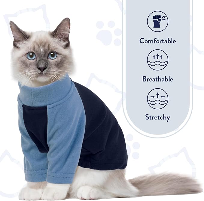 T'CHAQUE Cat Pajamas - Soft Cat Clothes& Shirts & Pajamas with Sleeves, Stretchy Sweater, Pullover Kitten Clothes, Blue, Large