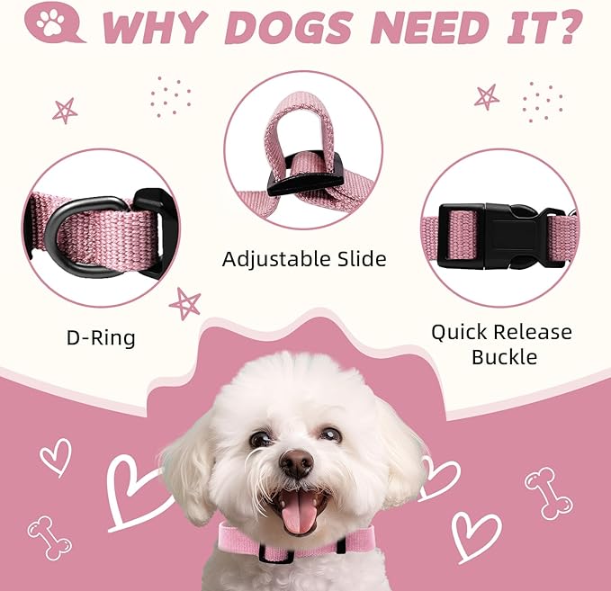 Pink Dog Collar for Large Dog, Breathable, Anti-Odor & Soft, Comfortable for Sensitive Skin Puppies, 90% Bamboo Rayon, Adjustable Quick-Release Buckle Pet Collar for Large Breeds