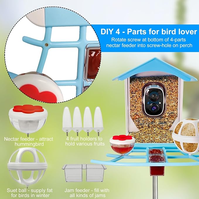 64GB Smart Bird Feeder with Camera Solar Powered, 2K 3MP HD Live Video &Playback on Phone, AI Identify +10,000 Bird Species, 2.4G WiFi Bird Feeder Camera Wireless Outdoor House-Bird Watching (Blue)