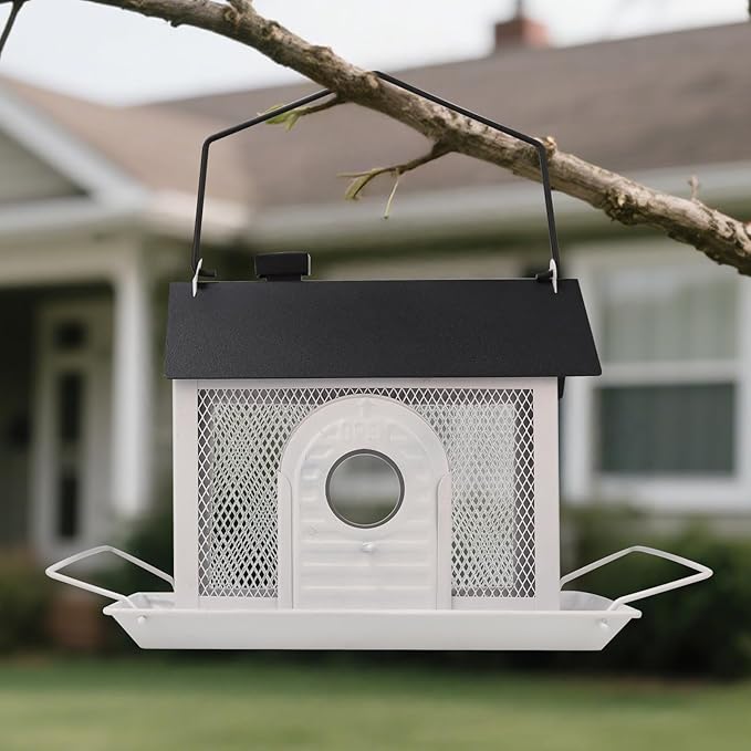 Bird Feeder House for Outdoors – White Metal Hanging Bird Feeder, Decorative Bird House Feeder for Cardinals, Finches, and Wild Birds, Weatherproof Backyard Garden Decor