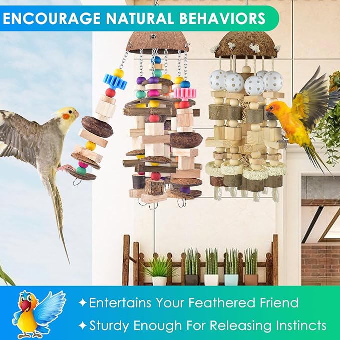 KATUMO Bird Toys, 2PCS Large Wooden Blocks & Coconut Shell Chew Toys for African Grey Cockatoo Amazon Parrots and Medium to Large Birds