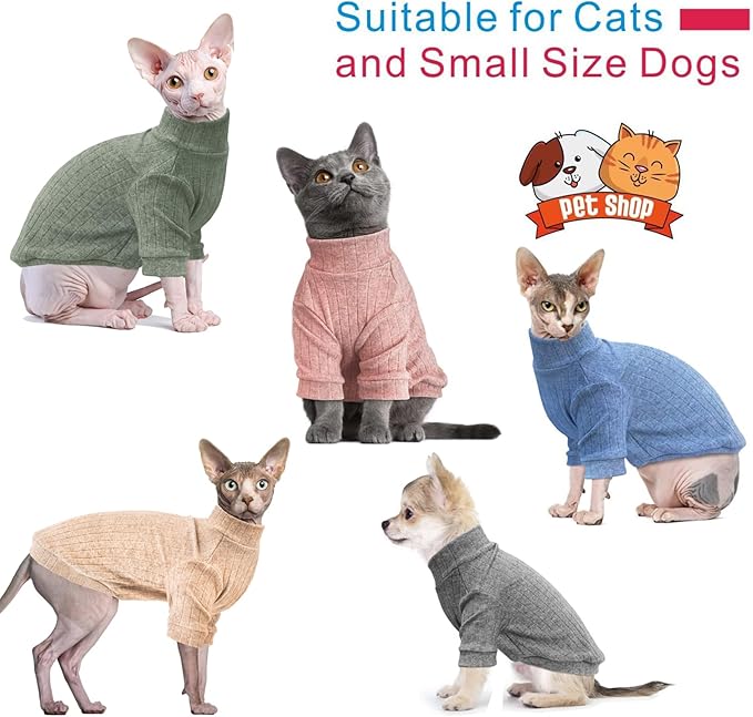 Idepet Sphynx Hairless Cats Sweater Shirt Kitten Soft Puppy Clothes Pullover Cute Cat Pajamas Jumpsuit Cotton Apparel Pet Winter Turtleneck for Cats and Teacup Chihuahua Small Dogs(Green,XS)