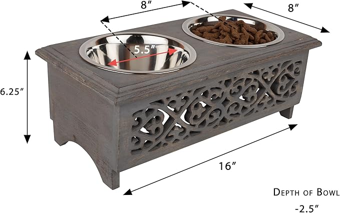 GoCraft Raised Dog Bowls for Small Dogs | Elegant Farmhouse Grey Washed Elevated Wooden Stand Feeder with 2 Stainless Steel Bowls for Your Pet Food & Water