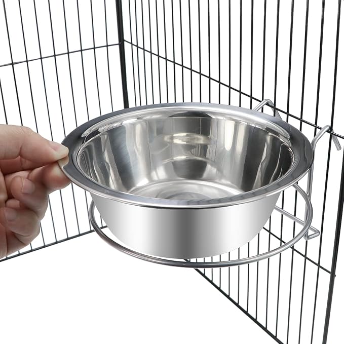 Wontee Pet Bowl Stainless Steel Hanging Food Water Bowls Bird Cage Feeder for Birds, Parrots, Small Sized Dogs and Cats (L)