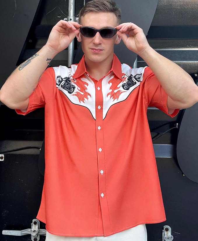 Men’s Hawaiian Shirt Western Cowboy Symmetrical Print Short Sleeve Button Down Casual Beach Holiday Summer Shirt