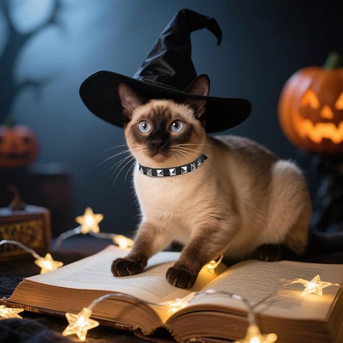 EXPAWLORER Halloween Leather Cat Collar - Adjustable Pet Collar with Rivet Spike for Girl Boy Cats, Punk Accessories with Bell & Durable D-Ring,Silver Square Nails