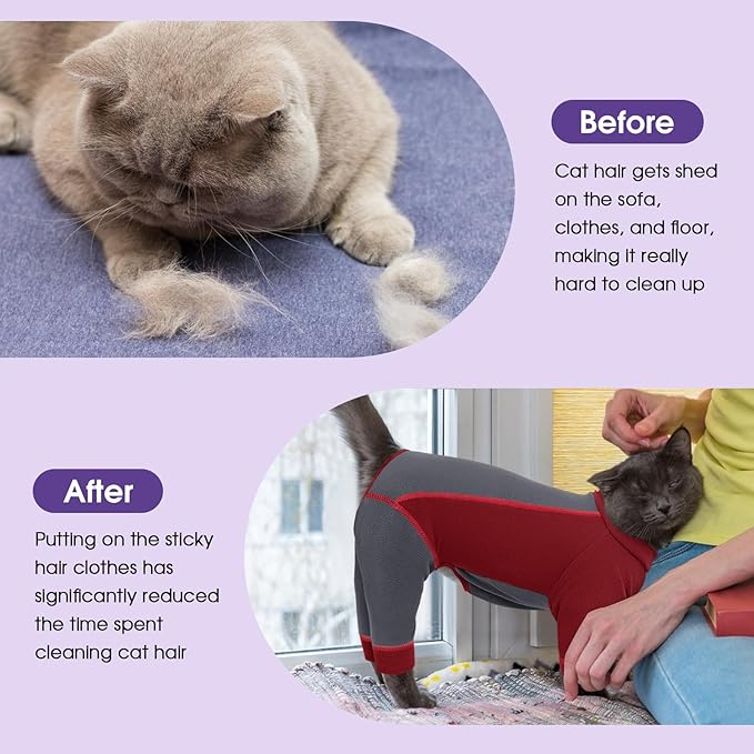 SUNFURA Hair Sticky Cat Clothes, Cat Sweater for Cats Only, 4-Legged Fleece Sweaters Kitten Pajamas Reduce Shedding Fur, Warm Pullover Shirts for Cats, Red S