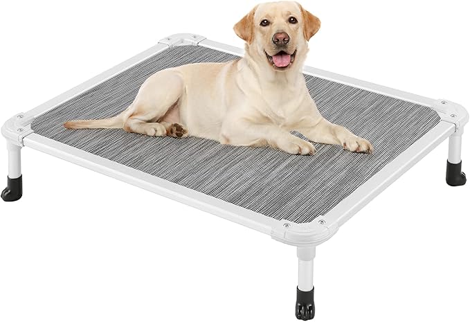 Veehoo Chew Proof Elevated Dog Bed - Cooling Raised Pet Cot - Silver Aluminum Frame and Durable Textilene Mesh Fabric, Unique Designed No-Slip Feet for Indoor or Outdoor Use, Black Silver, Medium