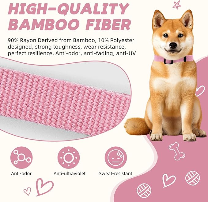 Pink Dog Collar for Small Dogs, Breathable, Anti-Odor & Soft, Comfortable for Sensitive Skin Puppies, 90% Bamboo Rayon, Adjustable Quick-Release Buckle Pet Collar for Chihuahuas Frenchie