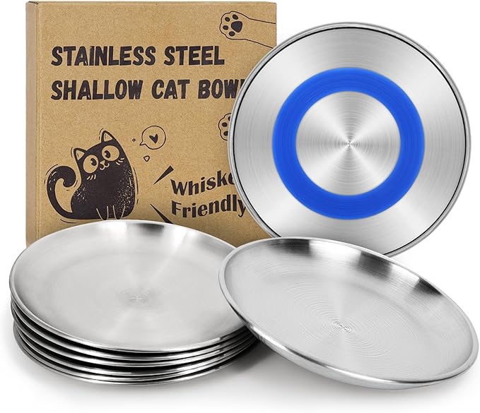 Supet Whisker Frinendly Cat Plates for Wet and Dry Food, Cat Bowls with Non-Slip Bottom, 304 Stainless Steel Flat Wide Shallow Dishes for Indoor Kitten (8Pcs)