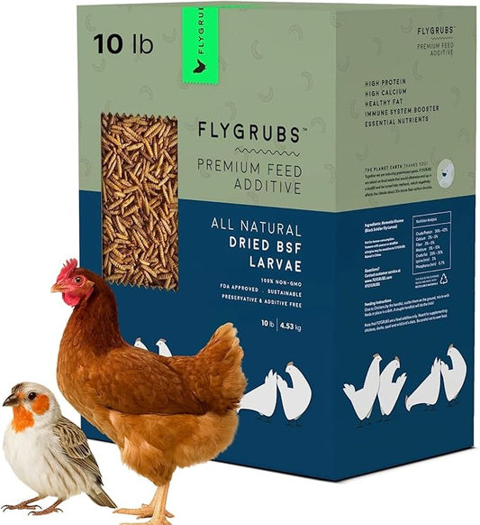 FLYGRUBS 10 lb Dried Black Soldier Fly Larvae - High Calcium Chicken Feeder - 85X More Calcium, Non-GMO Meal Worms for Wild Birds, Ducks, Turkeys, Quails, Turtles - Nutrient-Rich BSFL