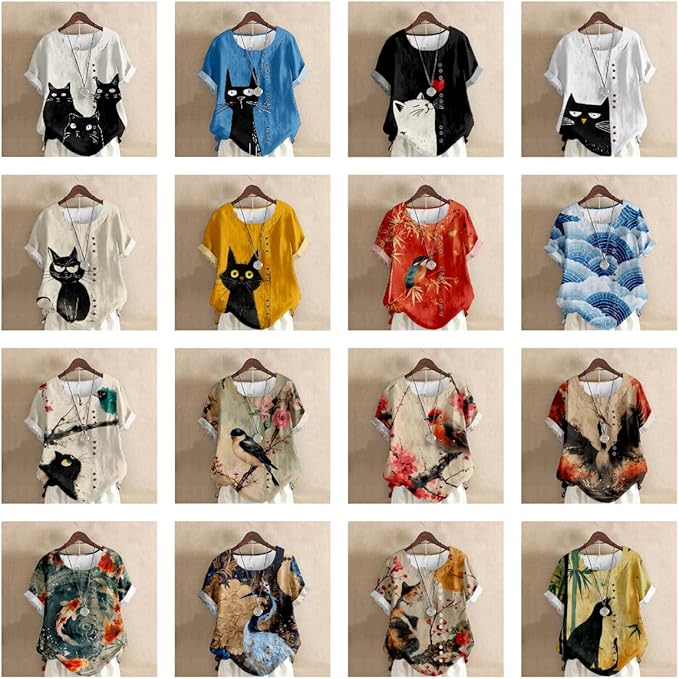 Japanese Print Women Summer Shirts Flower Bird Graphic Plus Size Tunic Tops Crewneck Short Sleeve Blouses