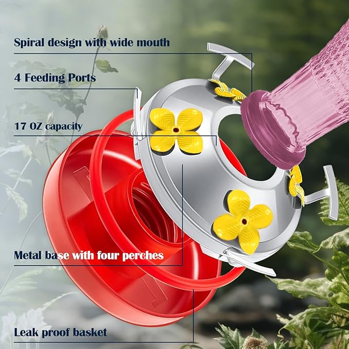 Hummingbird Feeder for Outdoors,17 OZ Glass Humming Bird Feeder for Garden,Backyard Decor,Four Flowers Feeding Ports,Leak Proof,Ant Moat Included,Humming Gifts for Women