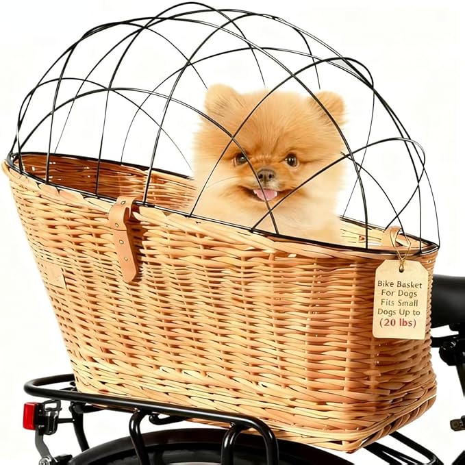 Dog Bike Basket Pet Carrier Bicycle Dog Carrier | Natural Wicker Attachment with Protective Grille,Easy to Install Comfort Cotton Cushion,Mounting Bracket for Secure Bicycle Rear Luggage Rack