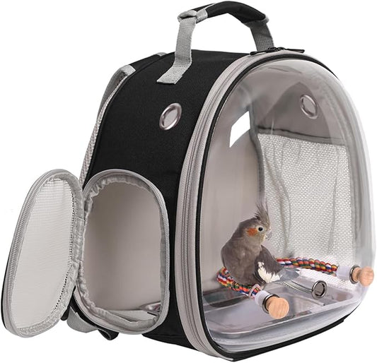 Small Bird Travel Backpack Carrier Cage, Backpack to Transport Backpack Carrier with Metal Tray Stand Perch for Parakeet Cockatiel Budgies Vet Carry Book Bag Black