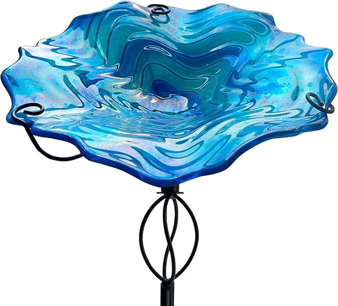 HONGLAND 32 Inch Height Bird Baths for Outdoors, Glass Birdbaths Outdoor Birdfeeder with Metal Stake Garden Yard (Blue)