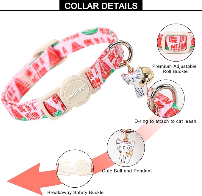 ARING PET 2 Pack Cat Collar-Cute Cotton Cat Collar with Bell & Pendant, Adjustable Summer Kitten Collars with Safety Buckle for Girl Pets