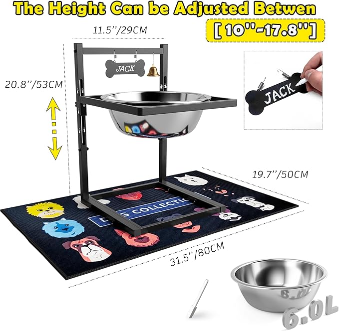 1.6Gallon Elevated Dog Water Bowl for Large Dogs, Height Adjustable (10-17.8in) Raised Stainless Steel Bowl with Spill-Proof Mat & Sturdy Metal Stand, Easy-Clean Feeder for Indoor/Outdoor Use