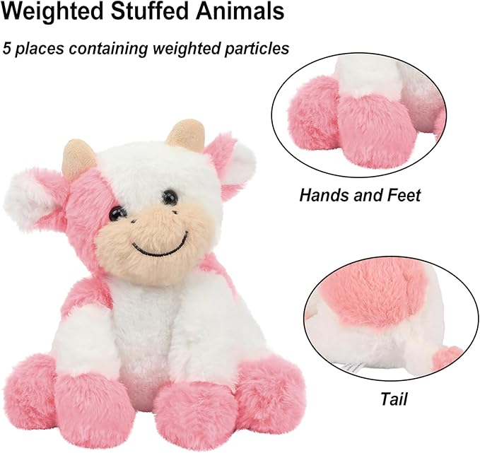 Pink and White Cow Weighted Stuffed Animal 20cm/7.87in Cute Sitting Cow Plush Toy with Smile Soft Fluffy Small Farm Plushie for Kids Adults Birthday Festival Gift Bed Home Office Decor Toys