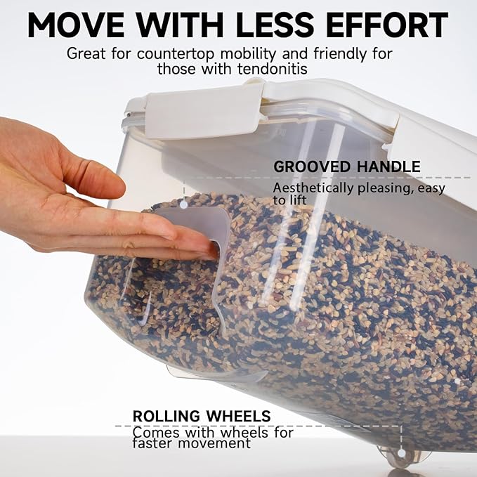 LivLab Mker Rice Storage Container 20 lbs - 15 lbs Airtight Flour Dispenser with Lids & wheel, BPA Free, kitchen organizers for Pet/Cat/Dog Food Storage Container (10 lbs), White