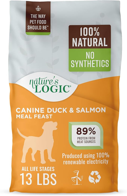 NATURE'S LOGIC Dry Dog Food - 100% Natural - No Synthetics - for All Ages, Sizes, Breeds - Free from Common Allergens, High Protein - Duck & Salmon Meal Feast, 13lbs