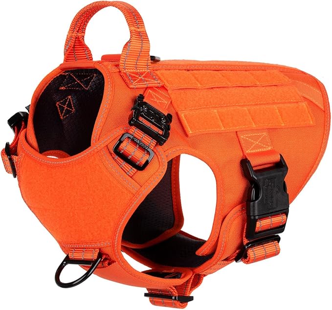 ICEFANG Tactical Dog Harness, Medium Size,2X Metal Buckle,Working Dog MOLLE Vest with Handle,No Pulling Front Leash Clip,Hook and Loop Panel (Orange,M (Pack of 1))
