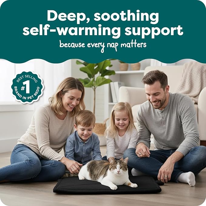 Furhaven ThermaNAP Self-Warming Cat Bed for Indoor Cats & Small Dogs, Washable & Reflects Body Heat - Quilted Faux Fur Reflective Bed Mat - Black, Small