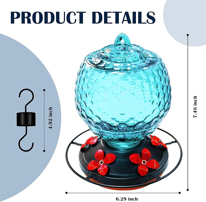 Glass Hummingbirds Feeder for Outdoors Hanging,25 OZ Humming Birds Feeder for Outdoors,Hummingbird Gifts,Gardening Gifts for Women(Blue)
