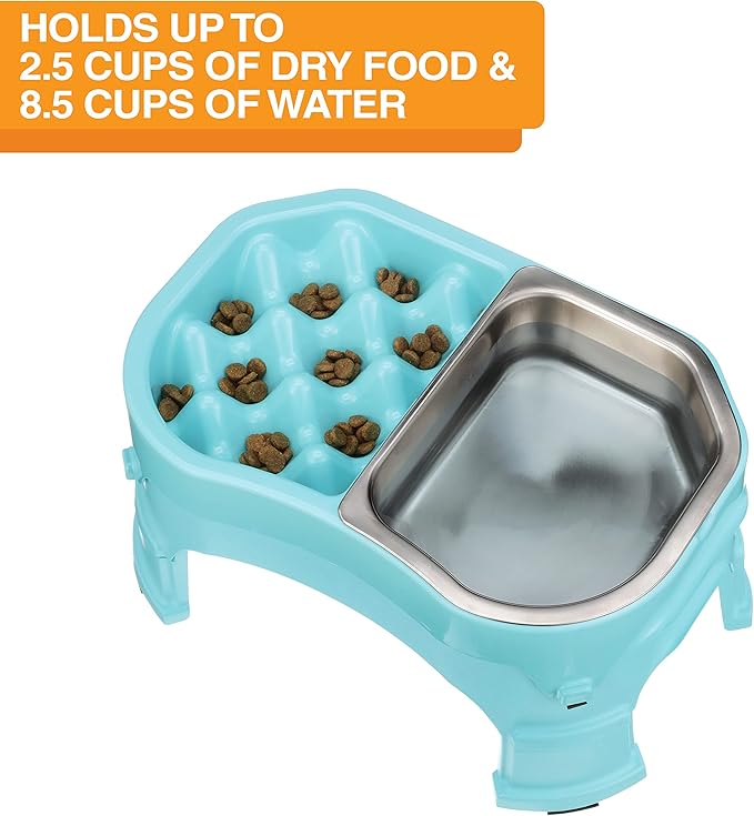 Neater Pet Brands – Neater Raised Slow Feeder Dog Bowl – Elevated and Adjustable Food Height - (Double Diner/w Metal Bowl, Aquamarine)