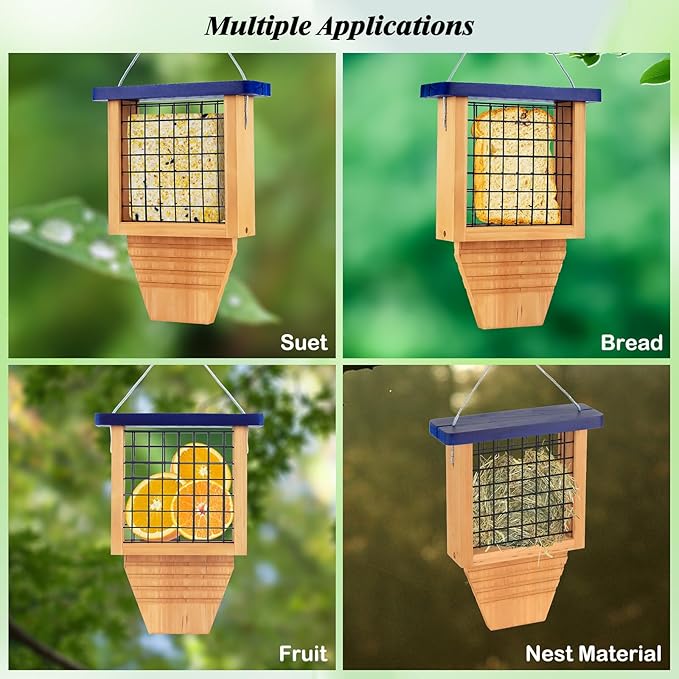 Wooden Suet Bird Feeder for Outside Hanging, Woodpecker Suet Feeder with Tail Prop, Hanging Bird Feeder for Wild Birds, 1 Pack, Blue