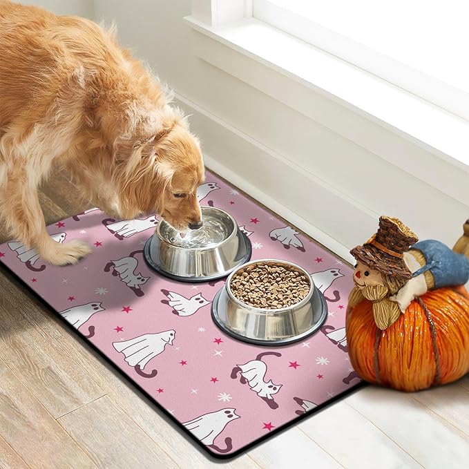 Halloween Dog Food Mats for Floors Pink, Absorbent Dog Bowl Mat for Food and Water, Quick Dry Pet Cat Food Mat Non-Slip Pet Supplies