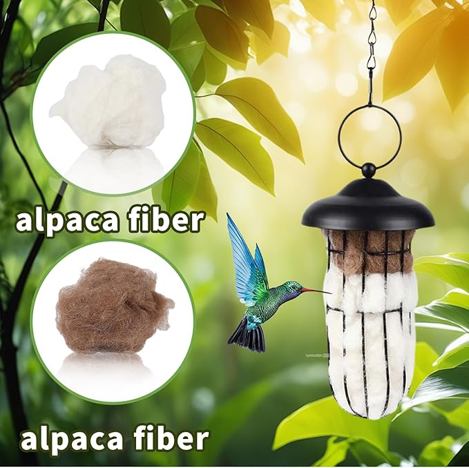 Hummingbird Nesters, Alpaca Wool Bird Nesting Material in Metal Cage - Unique Birds Lover Watcher Gift, Outdoor Garden Ornament, Refillable