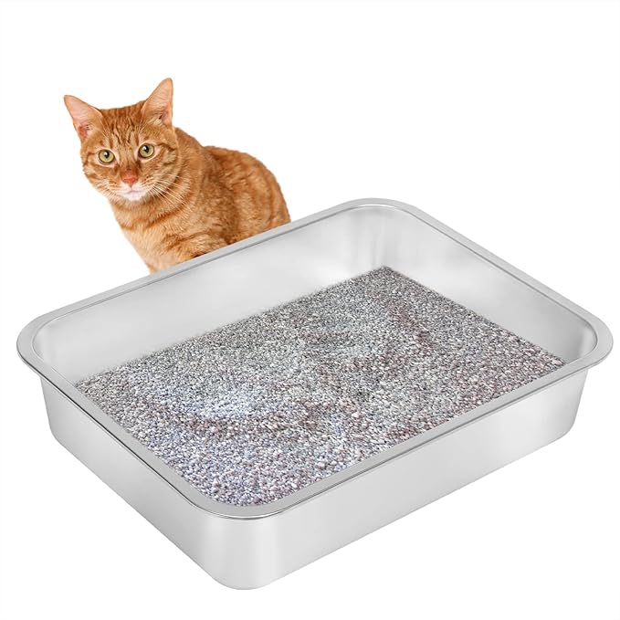 Kichwit Stainless Steel Cat Litter Box, Kitten Litter Tray, Metal Cat Litter Pan, Non Stick Smooth Surface, Easy to Clean (17.5" L x 13.5" W x 4" H)