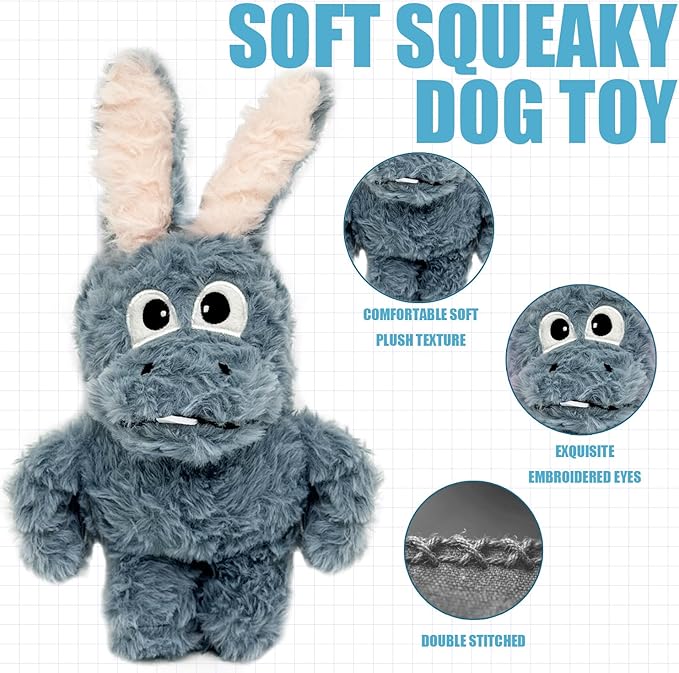 Squeaky Dog Toy Plush, Stuffed Crinkle Tug of War Dog Toy Keep Them Busy Pet Puppy Birthday Toy for Small Medium Large Dogs (Grey)