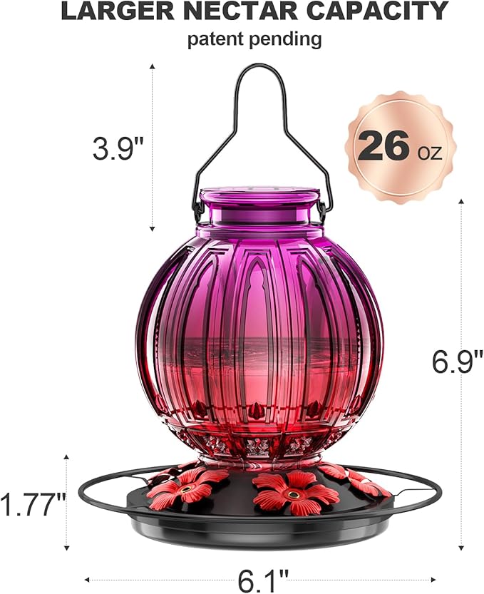Glass Hummingbird Feeder for Outdoors Hanging, 26Oz Bird Nectar Feeder with Perch & 5 Flower Feeding Ports, Leak Proof for Outside Garden Decor Backyard, Gifts for Women Mom, Purple Red