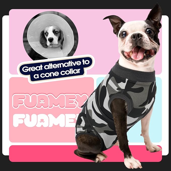 FUAMEY Dog Recovery Suit Male,Dogs Surgery Neuter Suits Puppy Spay Shirts for Female Protect Dog's Skin Anti Licking Abdominal Wounds Doggie Onesie Pet Bodysuit Alternative to Cone Grey Camouflage L