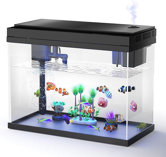 Fish Tank Aquarium Kit, 2.38 Gallon Beta Fish Aquariums, UHD Glass,Temperature Sensing, 7-Color Lighting Small Fish Tank for Kids/Desktop Decor