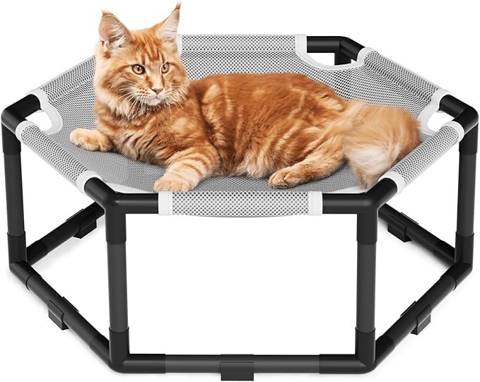 Tresbro Elevated Cat Hammock Bed, Hexagon Raised Cat Swing Bed for Indoor and Outdoor Use with Breathable Fabric & Anti-Slip Block, 20.5'' x 18'' x 9.4'' Pet Chair for Large to Small Kitty Cot