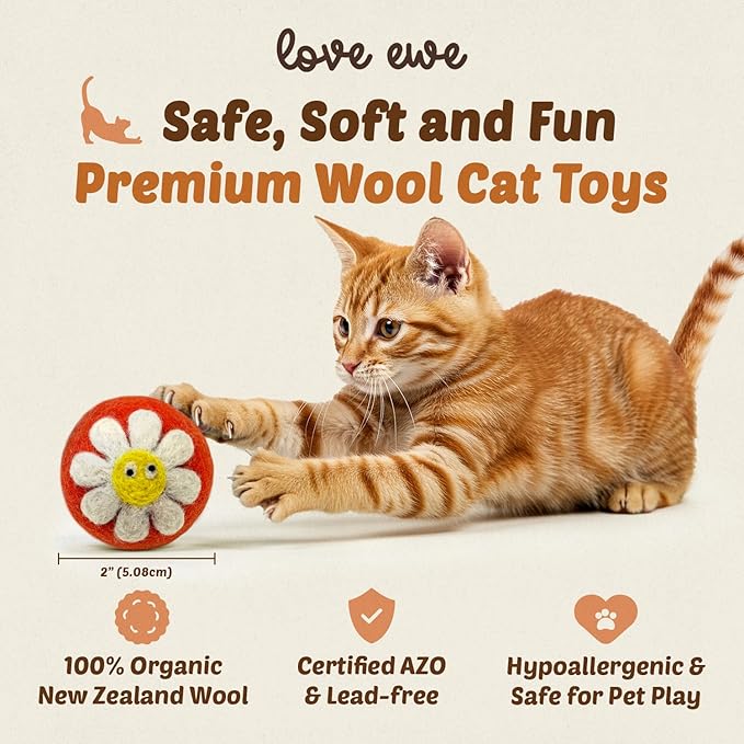 Hustle & Blush Wool Felt Balls - 3 Pack Love Ewe Pet Supplies – 2in Colorful & Durable Cat Toys Handmade from New Zealand, Ideal for Indoor Play and Mental Stimulation – Flower & Bee Design