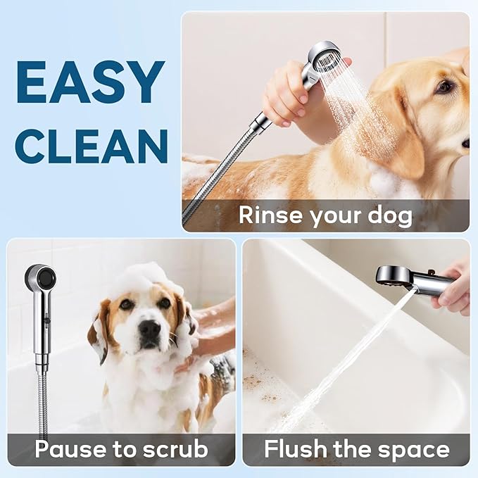 Dog Shower Attachment, 3 Mode Handheld Sprayer with ON/OFF Switch, G1/2" Metal Diverter, 100 Inches Stainless Steel Hose, No Drill Holder, for Pet and Dog Washing in Bathroom