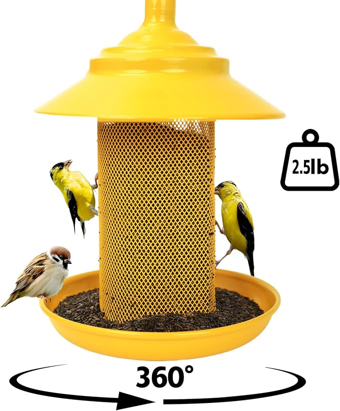 Finch Feeder - All-Metal Squirrel Proof Thistle Nyjer Seed Bird Feeder for Outdoors, 2.5LB Capacity, Powder-Coated Rust Resistant Mesh Design for Goldfinches & Small Birds Yellow