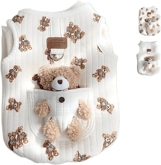 Cute Pet Apparel Plush Bear Pattern Cartoon Dog Clothes All Season Sleeveless Puppy Kitten Pullover Soft Skin-Friendly (White2, M (4.4-7.7lbs))