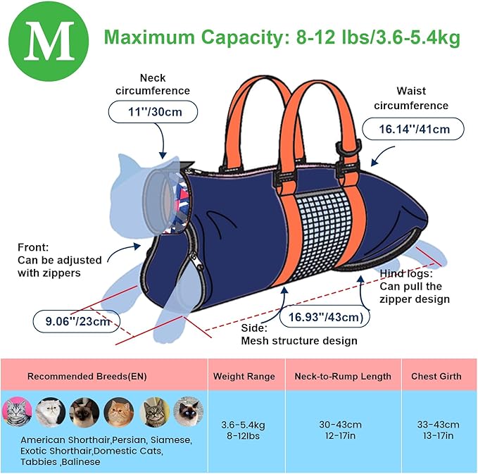 Cinf Cat Nail Clipping Cleaning Grooming Restraint Bag No Scratching Biting for Bathing Nail Trimming Injecting Examining(Navy Blue,M)