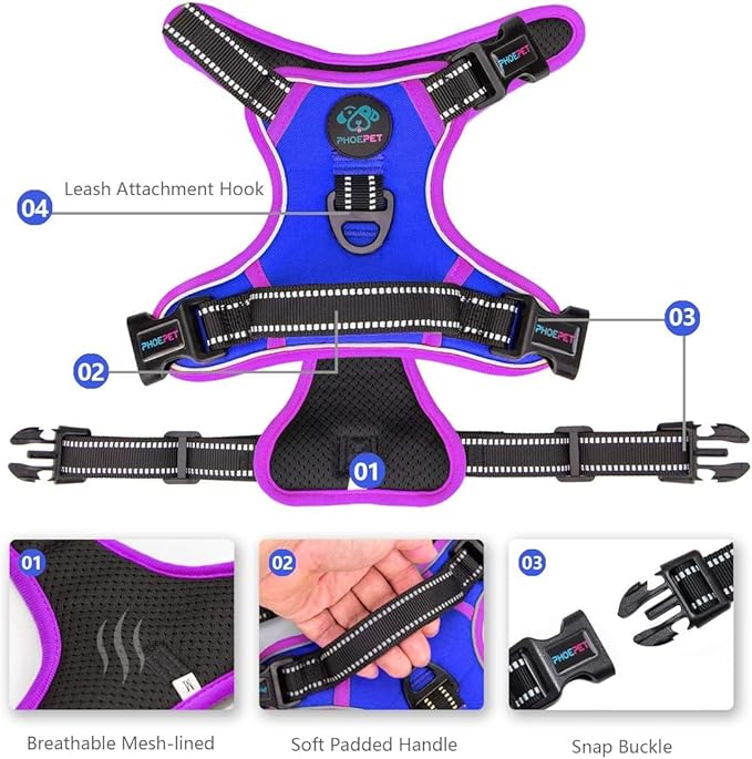 PHOEPET 2019 Upgraded No Pull Dog Harness, Reflective Adjustable Vest, with a Training Handle + 2 Metal Leash Hooks+ 3 Snap Buckles +4 Slide Buckles(L, Royal Blue)