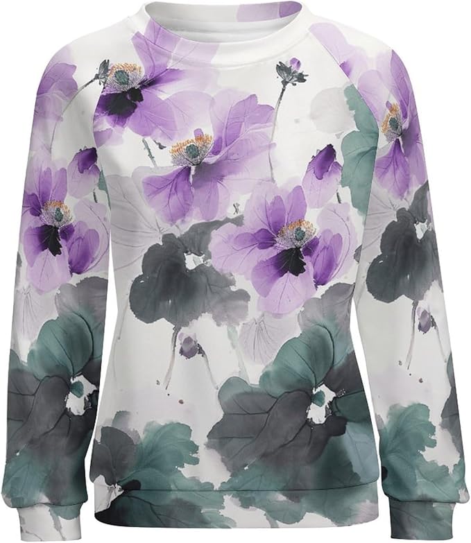 Womens Long Sleeve Tops Y2k Japanese Art Print Sweatshirts Fall Pullover for Women Crewneck Vintage Shirts Boho Tops